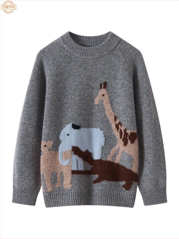 100% gyapjú gyerek pulóver, uniszex, kerek nyakú, hosszú ujjú, vastag jacquard állatmintás