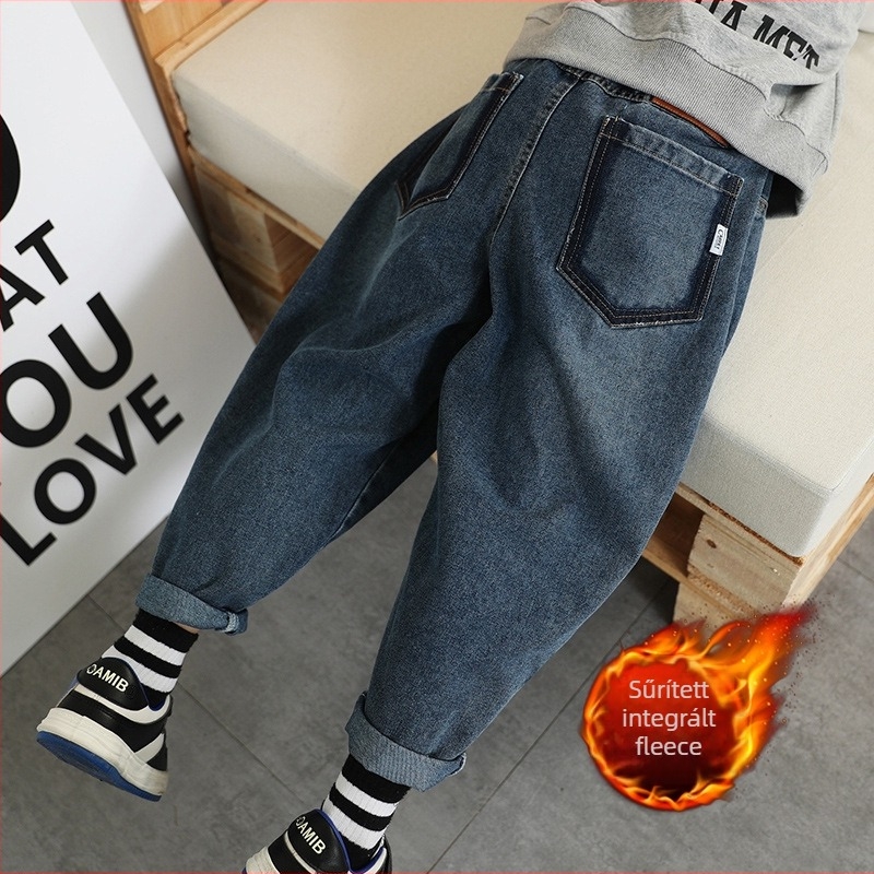 Fiúknak való denim nadrág fleece-béléssel, casual stílus, 73% pamut denim anyag, középmagas derekú, elastikus övvel, 3–8 éveseknek, tavasz–ősz–tél