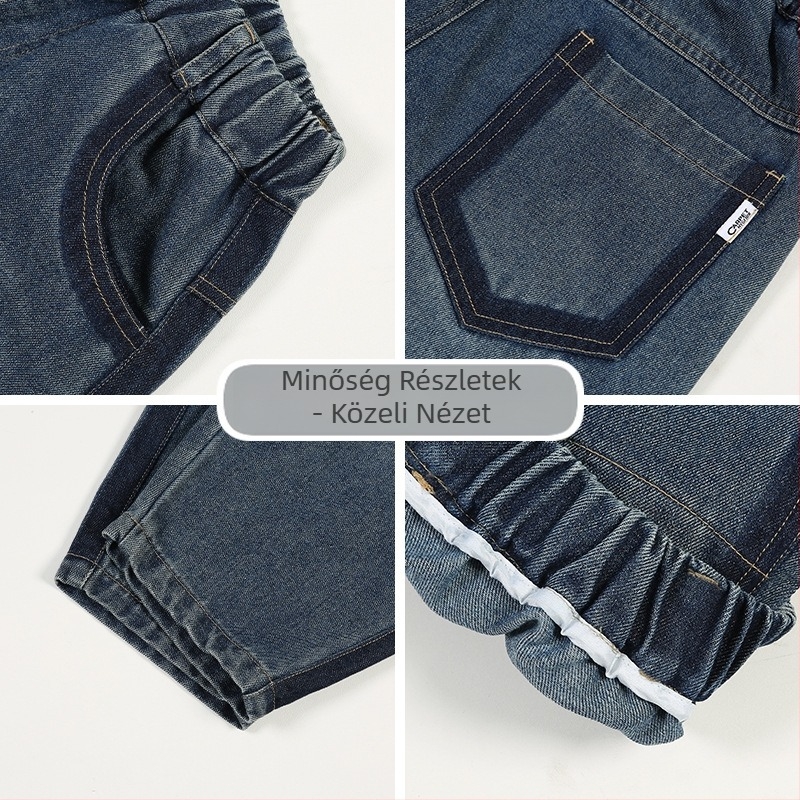 Fiúknak való denim nadrág fleece-béléssel, casual stílus, 73% pamut denim anyag, középmagas derekú, elastikus övvel, 3–8 éveseknek, tavasz–ősz–tél