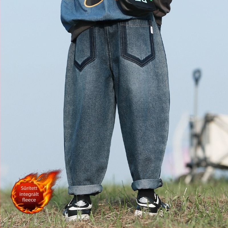 Fiúknak való denim nadrág fleece-béléssel, casual stílus, 73% pamut denim anyag, középmagas derekú, elastikus övvel, 3–8 éveseknek, tavasz–ősz–tél