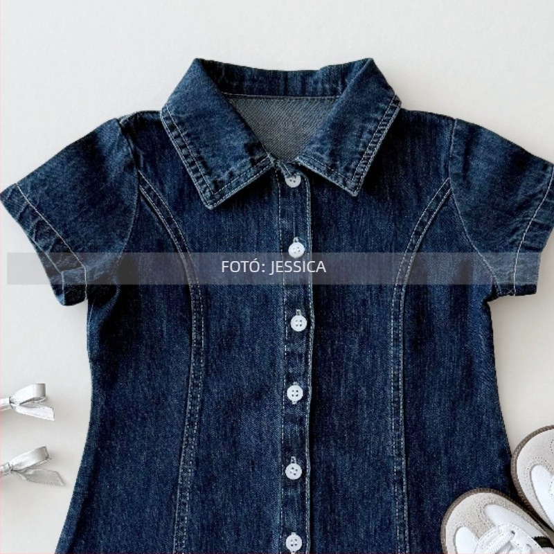 Lányoknak kész Korea stílusú pamut denim ruha, A-vonal, rövid ujjú