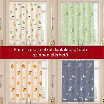 Függöny gyűrűkkel a rögzítéshez – félig árnyékolt, mesés mintával az sarokablakhoz, poliészter, nyomtatott kivitel, pásztorális stílus, kézzel mosás, nappali/erkély számára