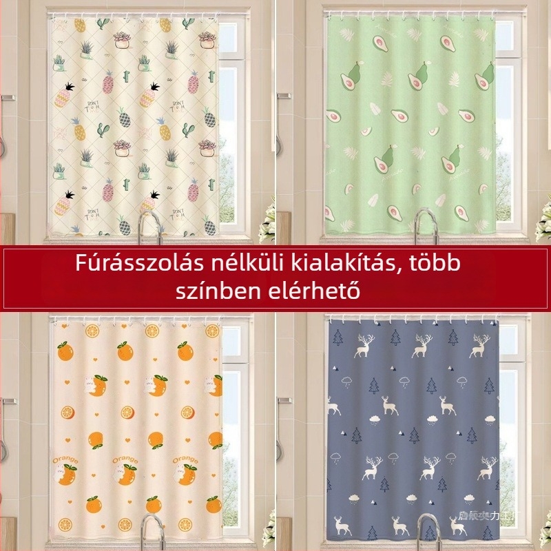 Függöny gyűrűkkel a rögzítéshez – félig árnyékolt, mesés mintával az sarokablakhoz, poliészter, nyomtatott kivitel, pásztorális stílus, kézzel mosás, nappali/erkély számára