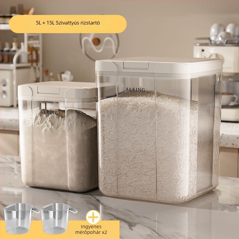 Rizs tároló doboz – zárható, nedvességálló és rovarálló; ABS+PET; 10 L kapacitás; márka A&KING