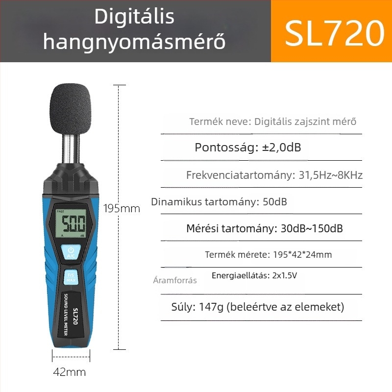 Kézi digitális zajmérő, tartomány 30–150 dB, pontosság ±2.0 dB, felbontás 0.1 dB, működési hőmérséklet 0–40°C