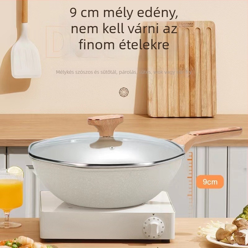 Maifan kő bevonatú wok, tapadásmentes, indukciós tűzhelyhez, üvegfedő, modell H09
