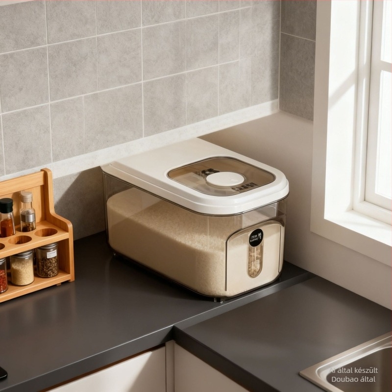 Rizstároló konténer - zárható, nedvességálló és rovarriasztó; átlátszó műanyag, 10 L kapacitás