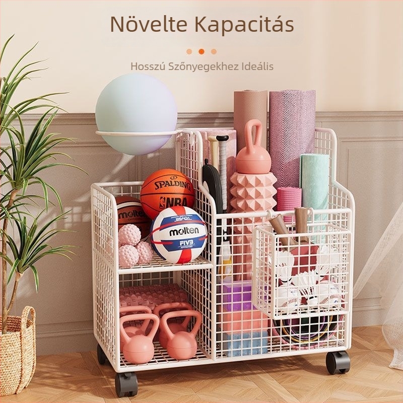 Vasból készült tárolóállvány sportfelszerelésekhez, padlóra álló, két szintű, többfunkciós