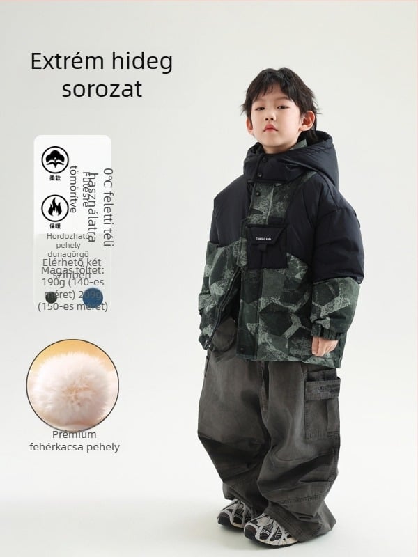 Gyerekeknek készült koreai stílusú téli pehelydzseki kapucnival, kacsa tollal töltve, poliészter bélés