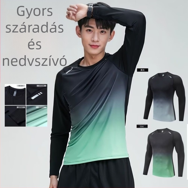 Férfi hosszú ujjú sportos póló, poliészter hálózati szövetből, lélegző és nedvességelvezető, vékony szabású, 180 g