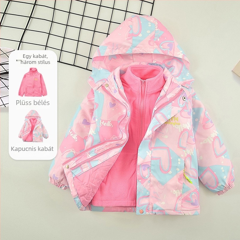 Lányoknak szóló téli kabát levehető kapucnival, hosszú ujjú, cipzáras zárás, poliészter bélés