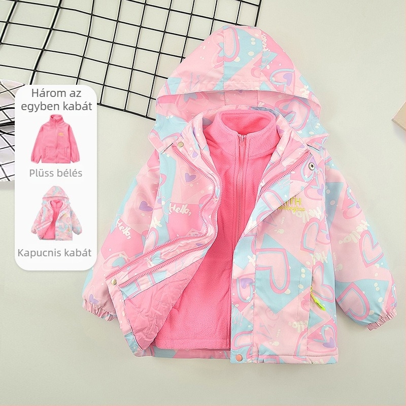 Lányoknak szóló téli kabát levehető kapucnival, hosszú ujjú, cipzáras zárás, poliészter bélés