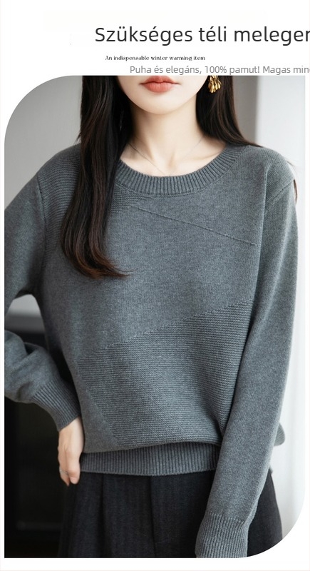 Női 100% pamutból készült vastag kötött pulóver, kerek nyakú, hosszú ujjú, városi elegáns stílus