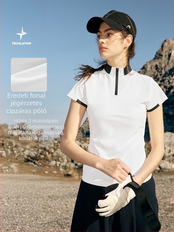 Női cipzáras T-shirt — könnyű poliészter-spandex keverék (88% poliészter, 12% spandex), rövid ujjú, álló gallér, panelvarrás, laza szabás, Nyár 2025
