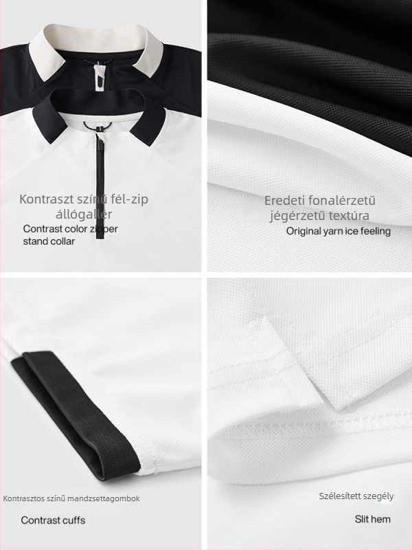 Női cipzáras T-shirt — könnyű poliészter-spandex keverék (88% poliészter, 12% spandex), rövid ujjú, álló gallér, panelvarrás, laza szabás, Nyár 2025