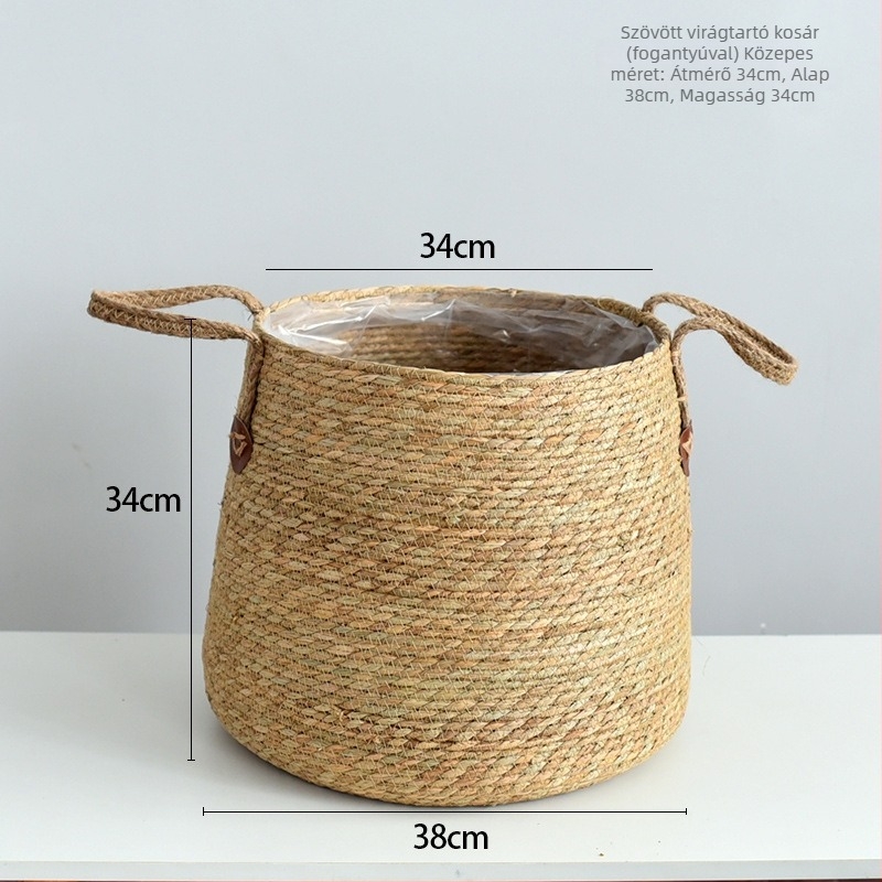 Kézzel szőtt fűből készült tárolókosár növényekhez – kézzel készített, szövés, logó nyomtatás