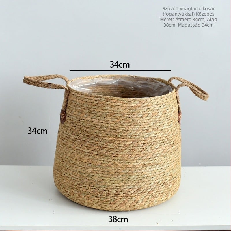 Kézzel készített fűből készült növénykosár – dekoratív tároló kosár, logónyomtatás elérhető