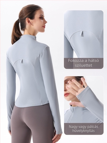Női jóga dzseki, gyorsan száradó, szorosan illeszkedő fazon, állógallér, hosszú ujjú, bélés nélkül, 90% poliészter + 10% spandex