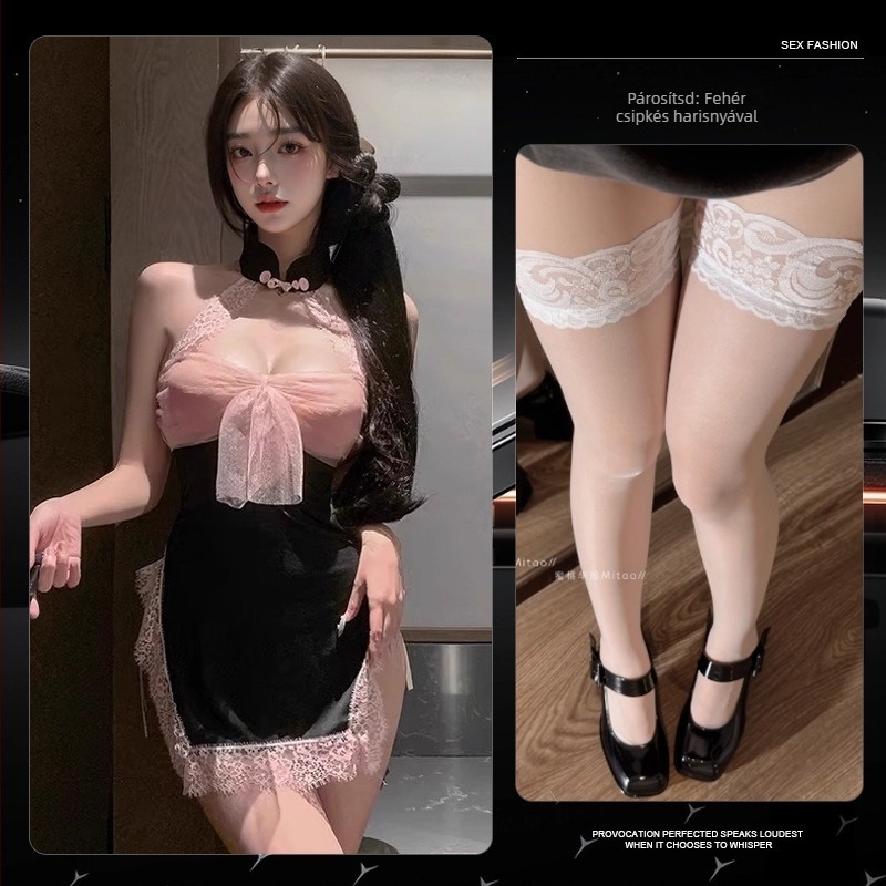 Poliészter hálószövésű cheongsam fehérnemű csipével és hasítékkal, aranyos szerepjáték, jelmez Prom Queen
