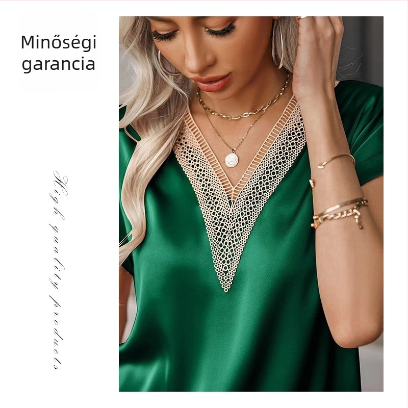 Poliészter-szátén T-shirt V-nyakú, bat ujjú, rövid ujjú, normál hossz