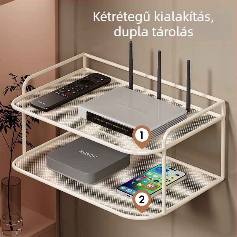 2-szintes falra szerelhető polc Set-Top Box, router és TV-hez, vasból, fúrás nélkül, szerelés nélkül