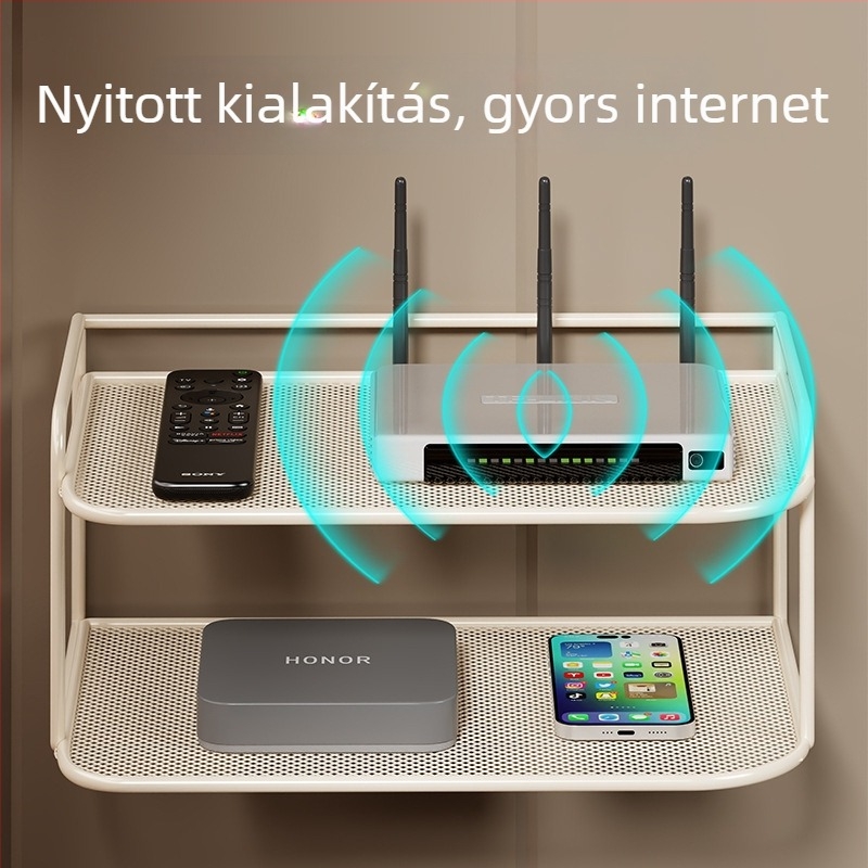2-szintes falra szerelhető polc Set-Top Box, router és TV-hez, vasból, fúrás nélkül, szerelés nélkül