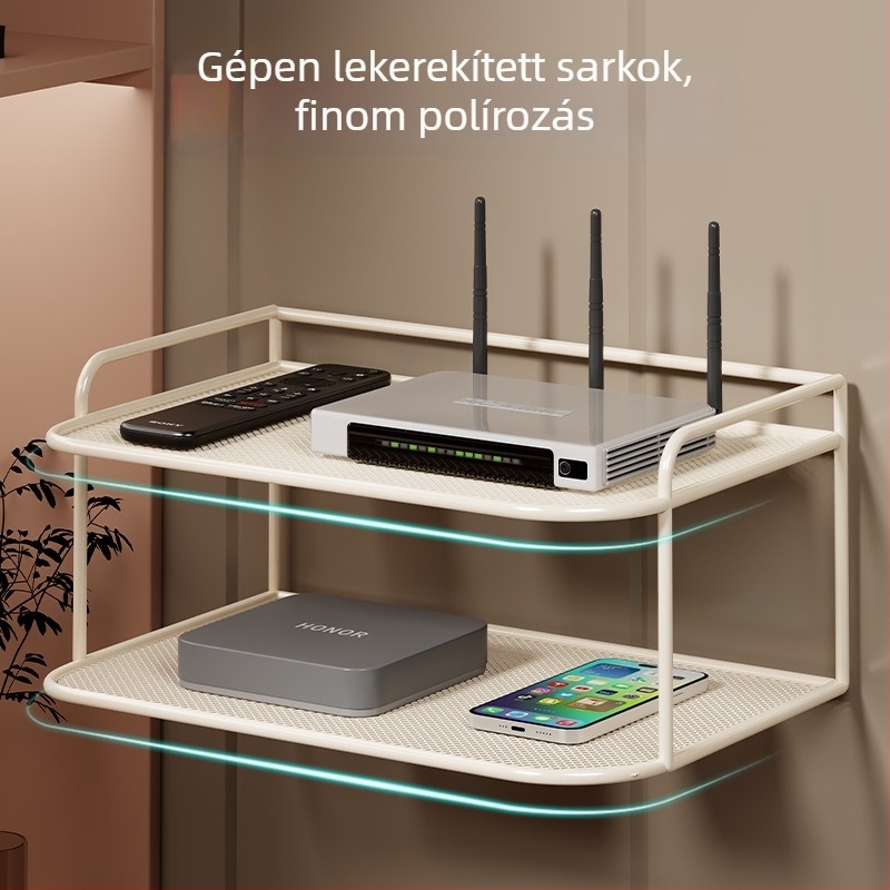 2-szintes falra szerelhető polc Set-Top Box, router és TV-hez, vasból, fúrás nélkül, szerelés nélkül