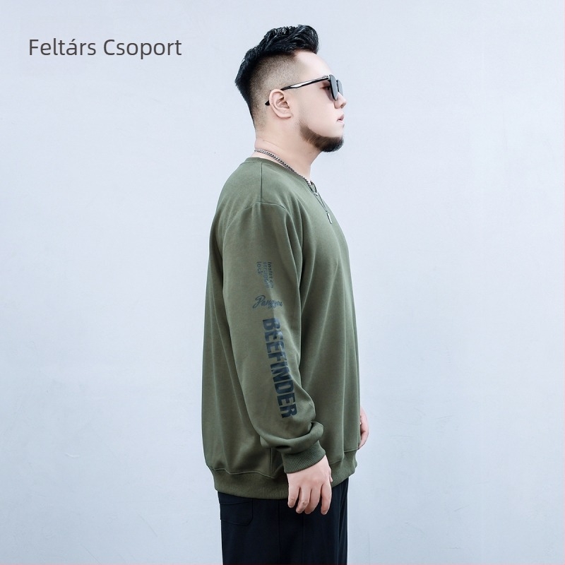 Fleece-Bélelt pulóver férfiaknak, oversized lazító szabás, kerek nyakú, betűmintás, elülső zseb