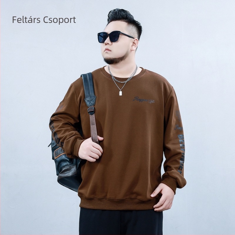 Fleece-Bélelt pulóver férfiaknak, oversized lazító szabás, kerek nyakú, betűmintás, elülső zseb
