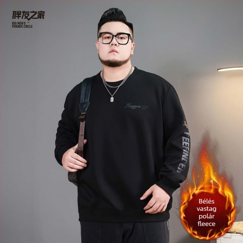 Fleece-Bélelt pulóver férfiaknak, oversized lazító szabás, kerek nyakú, betűmintás, elülső zseb