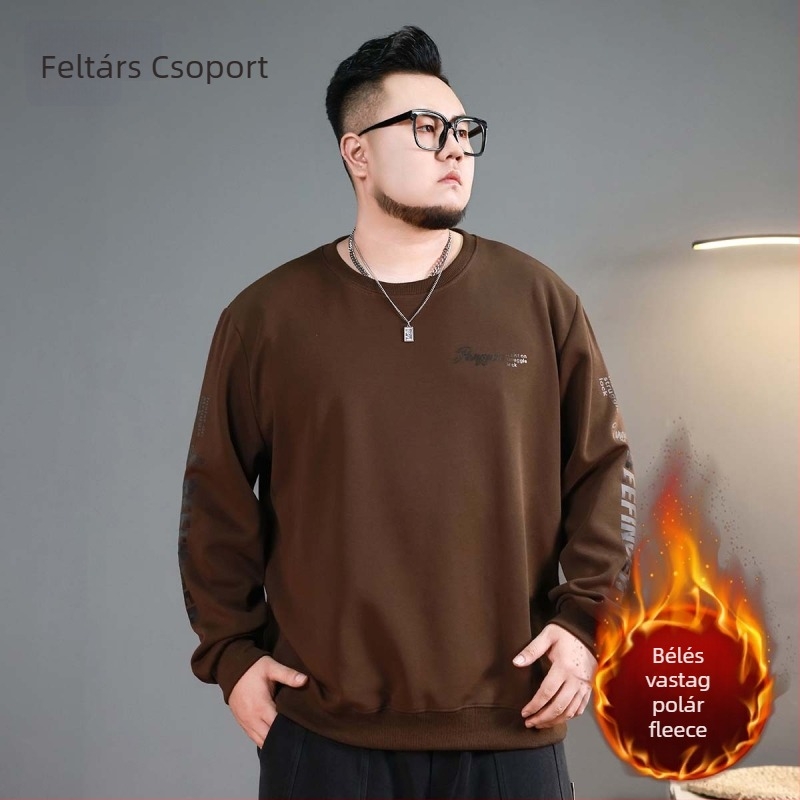Fleece-Bélelt pulóver férfiaknak, oversized lazító szabás, kerek nyakú, betűmintás, elülső zseb