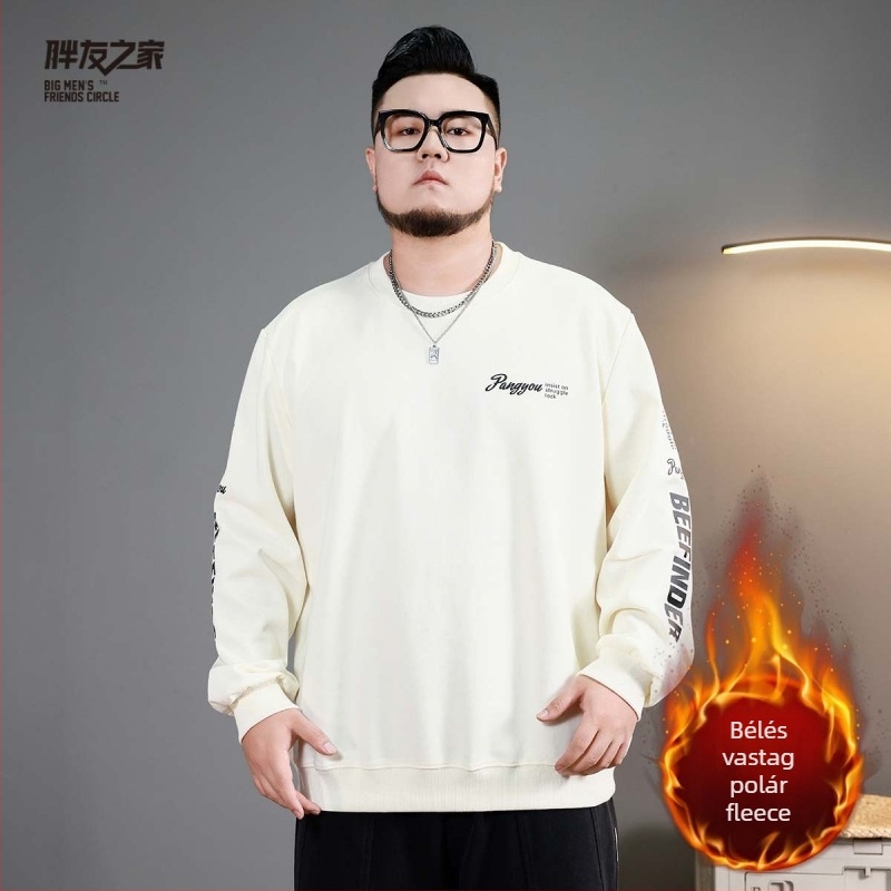 Fleece-Bélelt pulóver férfiaknak, oversized lazító szabás, kerek nyakú, betűmintás, elülső zseb