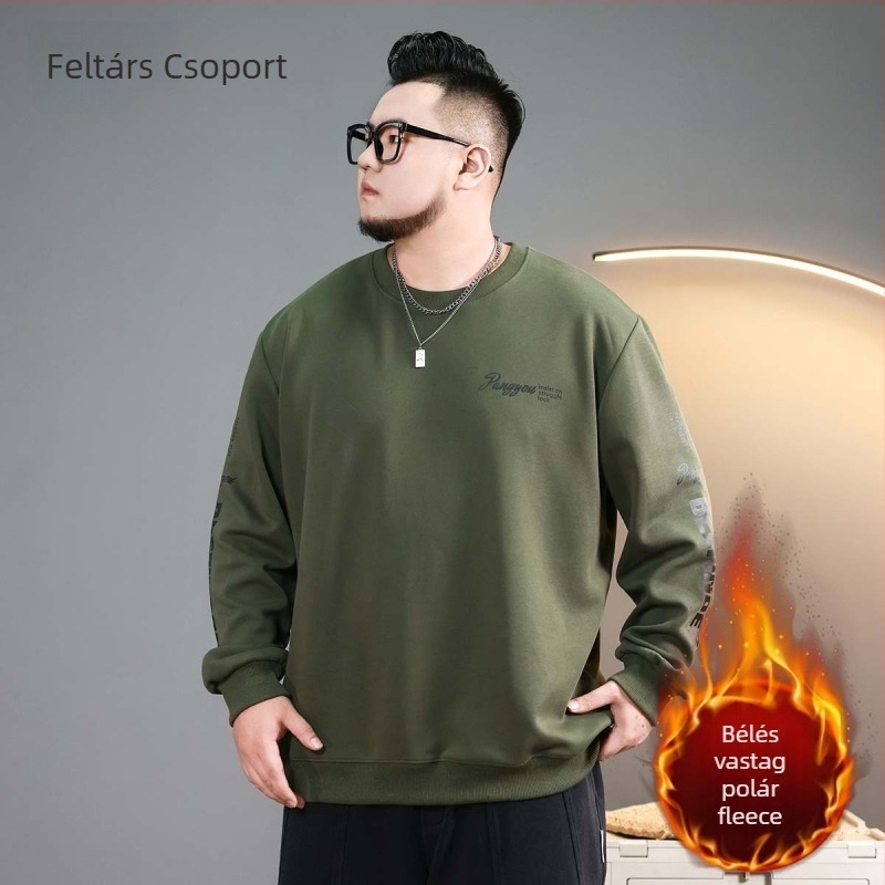 Fleece-Bélelt pulóver férfiaknak, oversized lazító szabás, kerek nyakú, betűmintás, elülső zseb