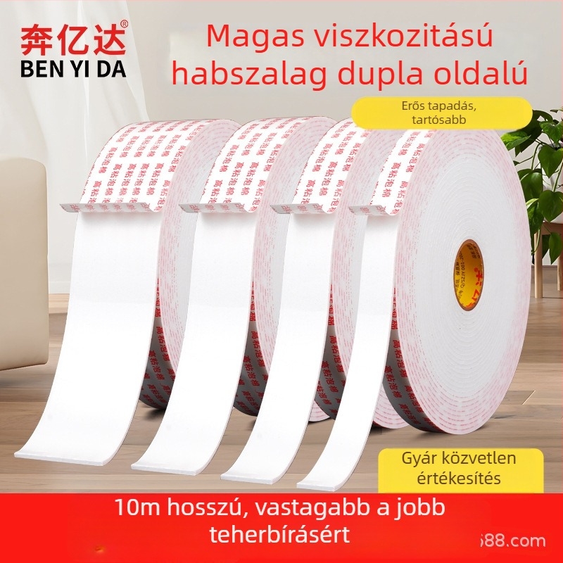 Habos kétoldalas ragasztószalag – akril ragasztórendszer, 2,5 mm vastagság, 10 m hossz, hab alapú, erős tapadás bútor dekorációs sávokhoz