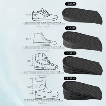Magasságot növelő fél talpbetét – PVC, légáteresztő, ütéscsillapító, uniszex, alkalmas sportcipőkhöz, bőrcipőkhöz és casual lábbelikhez