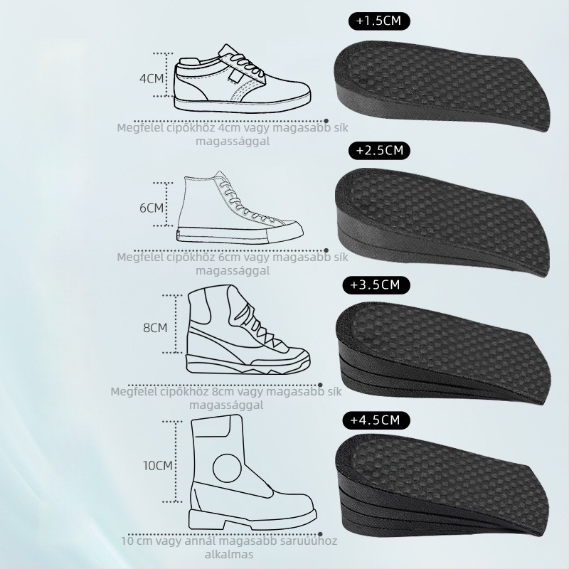 Magasságot növelő fél talpbetét – PVC, légáteresztő, ütéscsillapító, uniszex, alkalmas sportcipőkhöz, bőrcipőkhöz és casual lábbelikhez