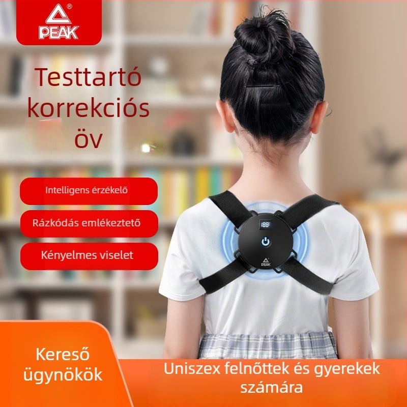 Peak Gyerekek postúra-korrigáló öv – intelligens szenzor, görbe tartás korrigálása, láthatatlan üléspozíció emlékeztető, vállak nyitása; modell Pk-yaf4201-1bk, termékkód Yaf13113, megjelenés: 2025