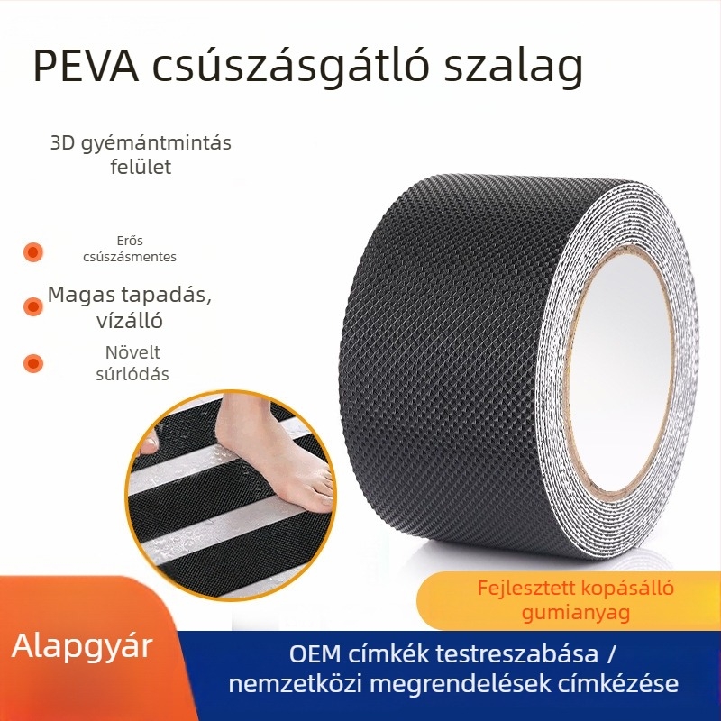 Peva csúszásmentesítő szalag, diamantszerű mintával és gumihomokkal; alapanyag: Peva gumi; vastagság 0.8–1.3 mm; ragasztó: gumialapú; hőmérséklet-tartomány: -10…70 °C