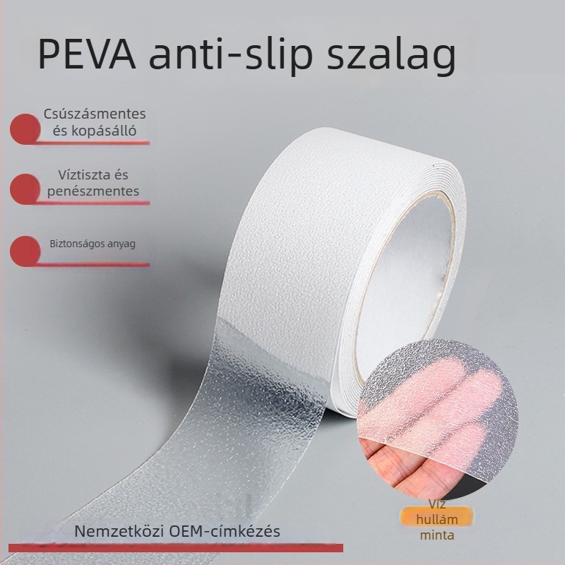 PEVA csúszásmentes szalag víz-hullám és lychee textúrával, akril ragasztó, vastagság 0.8–1.1 mm, hőállóság -10–70 °C, fürdőszobai használatra