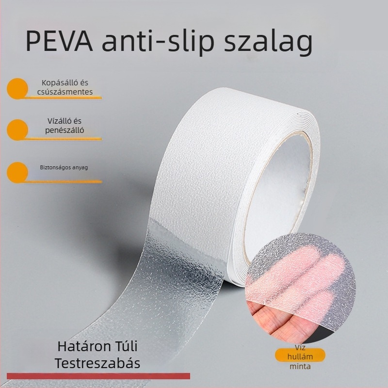 PEVA csúszásmentes szalag víz-hullám és lychee textúrával, akril ragasztó, vastagság 0.8–1.1 mm, hőállóság -10–70 °C, fürdőszobai használatra