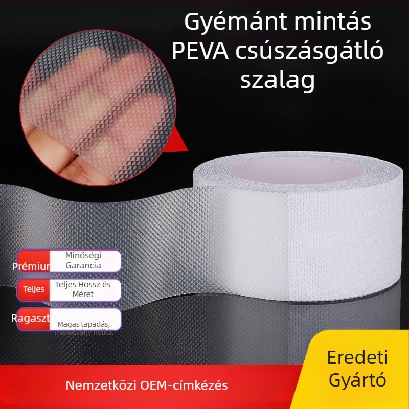 PEVA csúszásmentes szalag víz-hullám és lychee textúrával, akril ragasztó, vastagság 0.8–1.1 mm, hőállóság -10–70 °C, fürdőszobai használatra