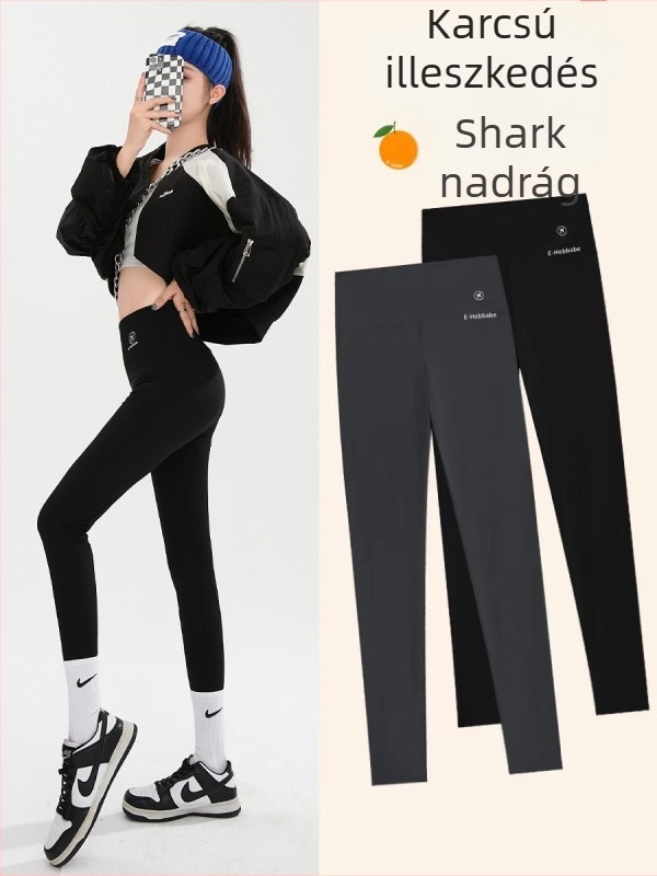 Női Shark Skin leggings, 3/4 hosszú, fekete, karcsú szabás, vékony, légáteresztő jóga nadrág