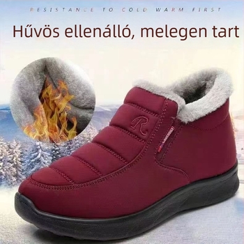 Női téli pamut csizma, középmagas felső rész szintetikus bőrrel, belső réteg műszőrmével, gumitalp, vízálló és csúszásmentes.