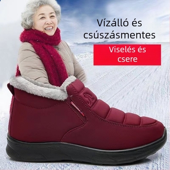 Női téli pamut csizma, középmagas felső rész szintetikus bőrrel, belső réteg műszőrmével, gumitalp, vízálló és csúszásmentes.