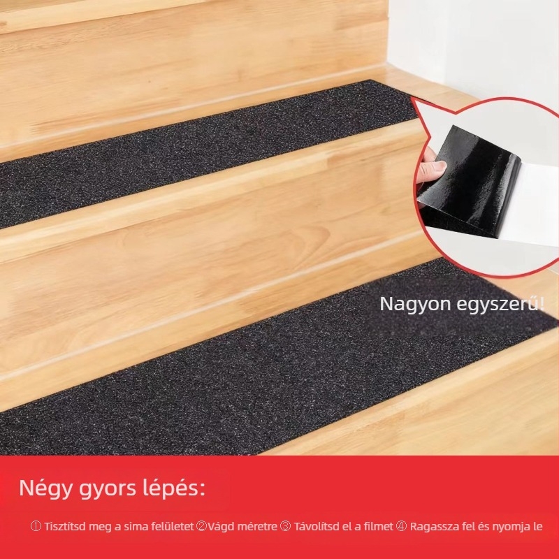 Kültéri lépcsőkhöz készült csúszásmentesítő szalag matt fénycsíkkal, PET alap, 0,75 mm vastagság, akril ragasztó, vízálló