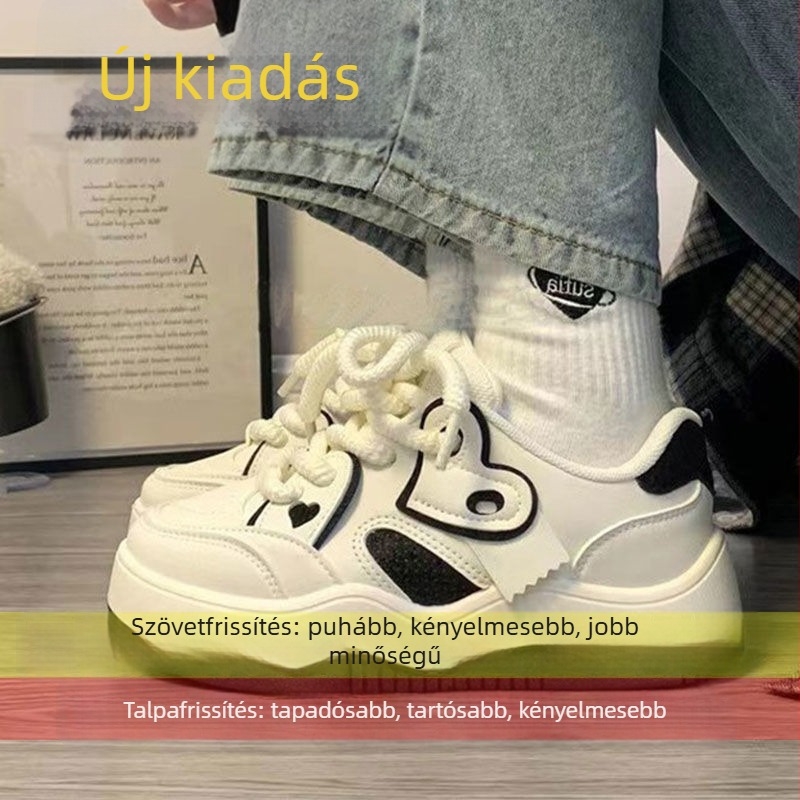 Női alacsony profilú sportcipő műbőr felsőrésszel, gumi talppal, előre fűzős, szív alakú mintával, kerek orr