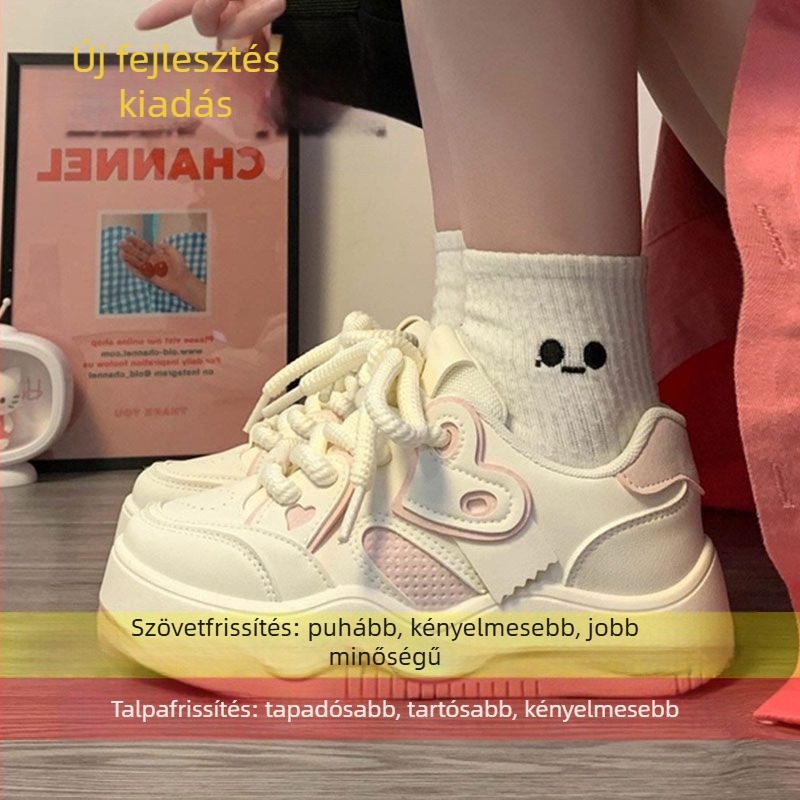 Női alacsony profilú sportcipő műbőr felsőrésszel, gumi talppal, előre fűzős, szív alakú mintával, kerek orr