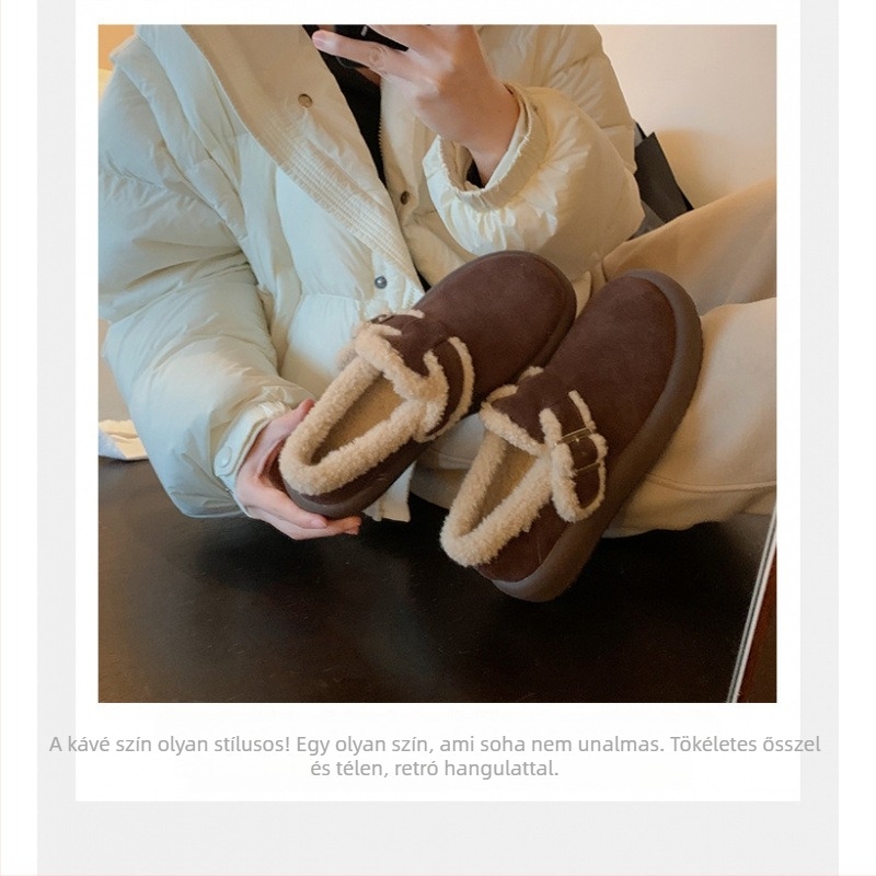 Női téli hócipők, meleg plüss belsővel, slip-on, nubuk bőr felső rész, gumi talp