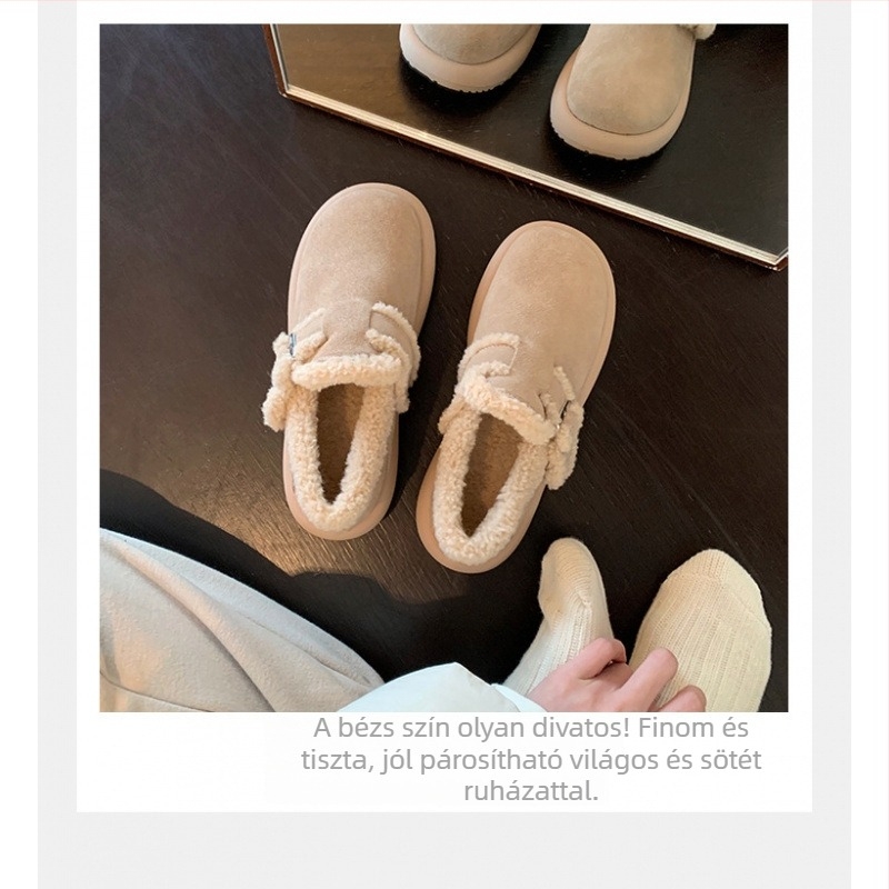 Női téli hócipők, meleg plüss belsővel, slip-on, nubuk bőr felső rész, gumi talp