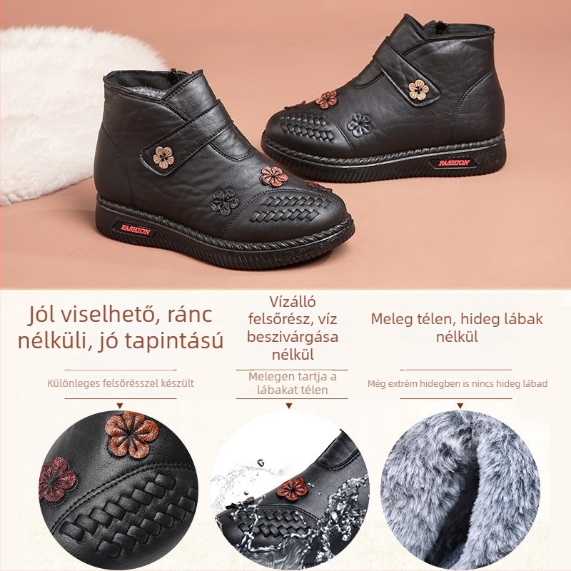 Női téli Velcro-zárásos cipő, nyúlszőr bélés, vízálló, csúszásmentes, PU talppal, alacsony sarkú (1–3 cm)